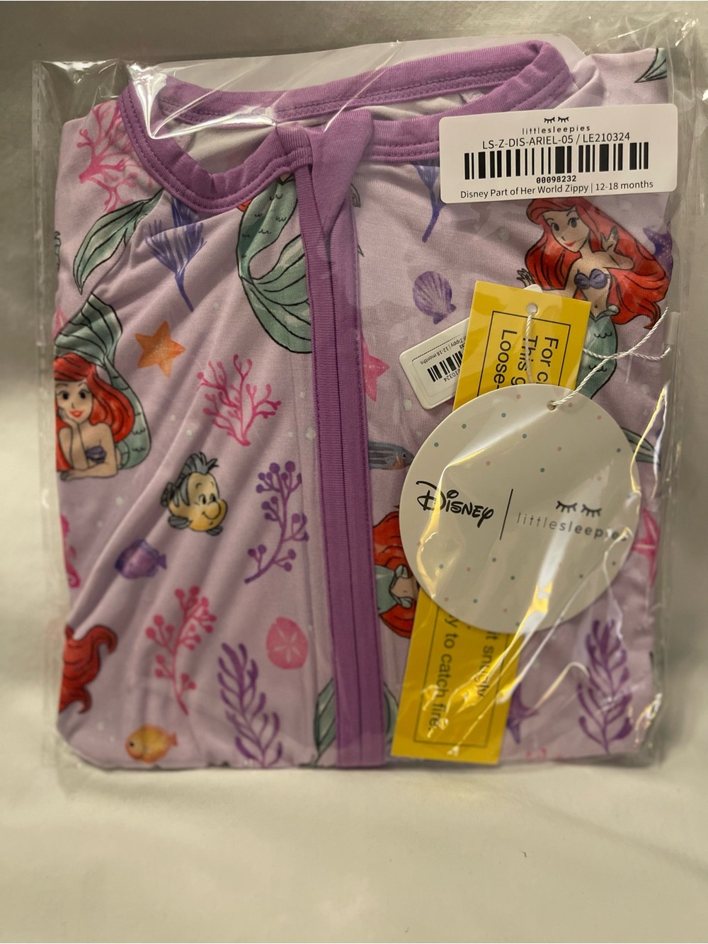 NEW Little Sleepies Disney Ariel Little Mermaid Part of Her World Zippy 12-18m